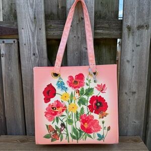 Hallmark Oana Befort Large Tote Bag Pink Floral Faux Leather, Fabric Lining